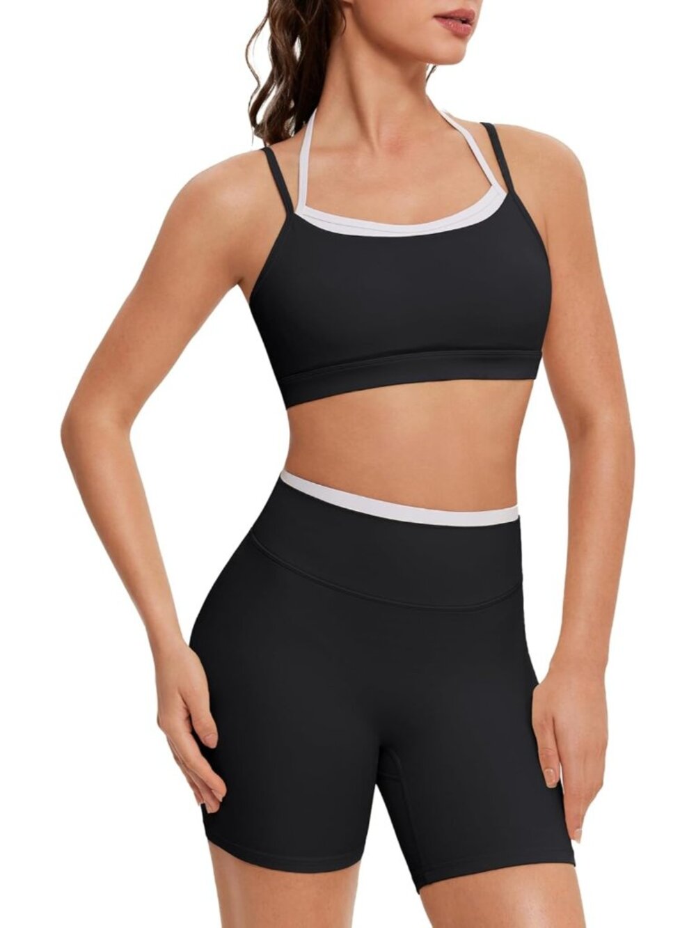 Women's Black Doubel Layer Open Back Activewear Sports Bra & Gym Shorts Sets